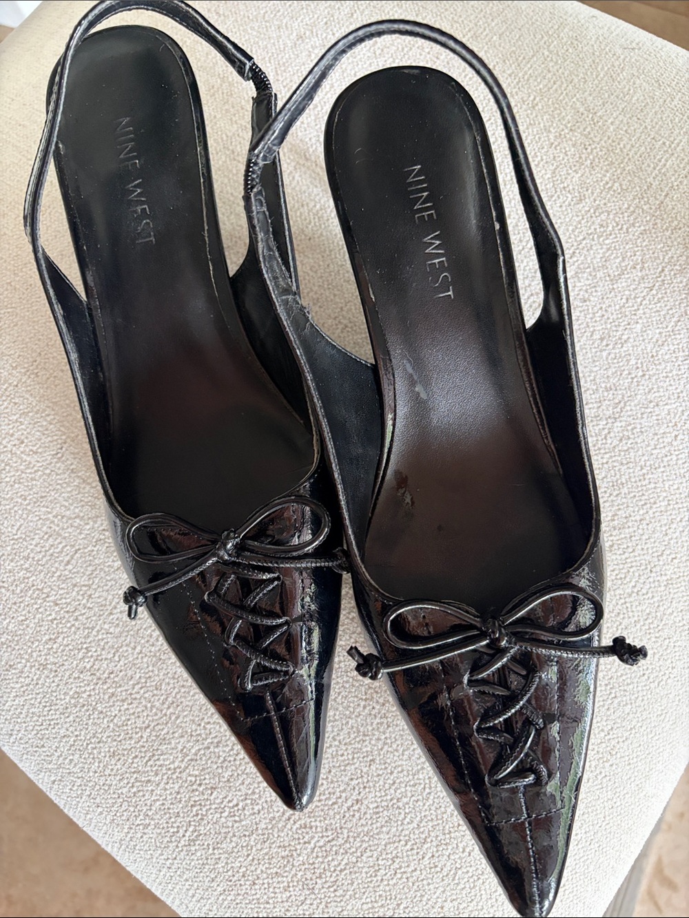 Nine West Black Patent Pointed Slingback Flats with Bow